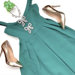 Self Portrait Crystal Bow Green Heavy Crepe Midi Dress